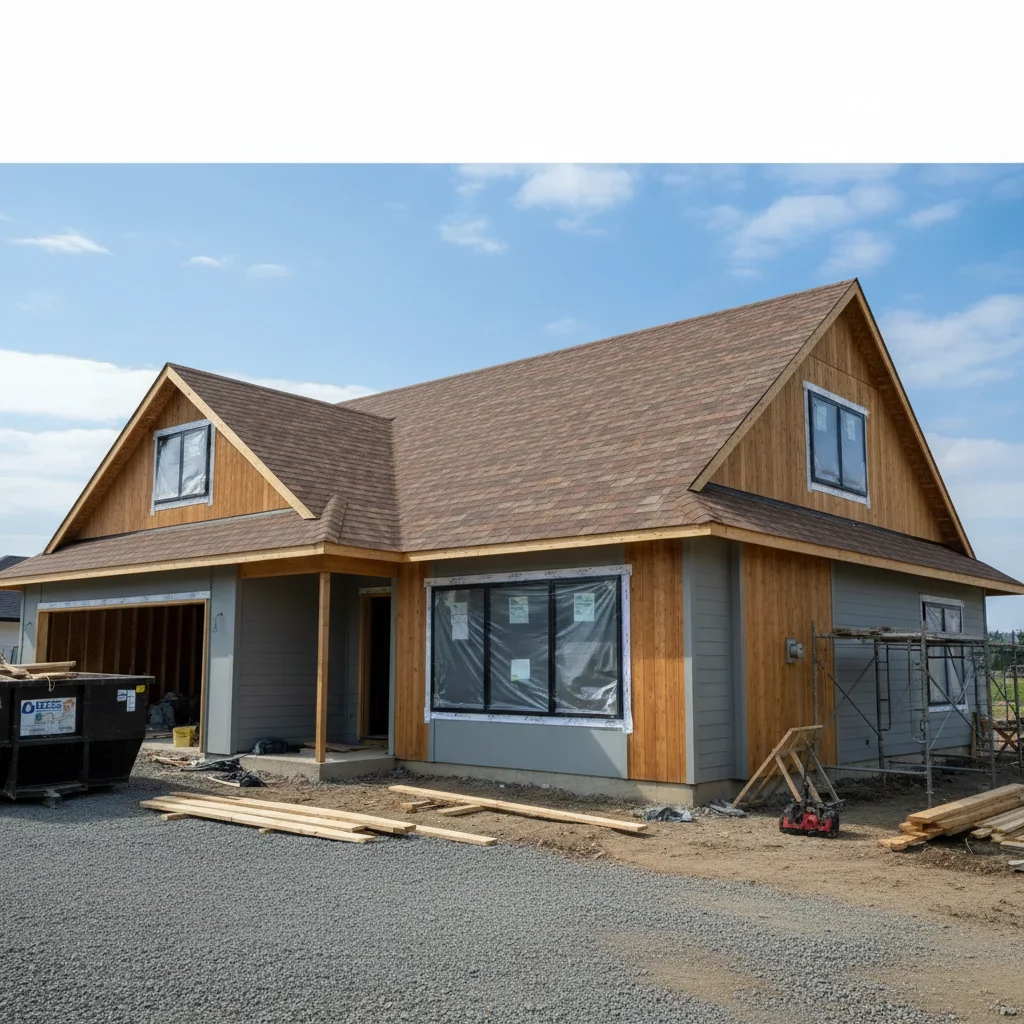 Same house with new dimensional architectural shingles applied from contractor's reference photo