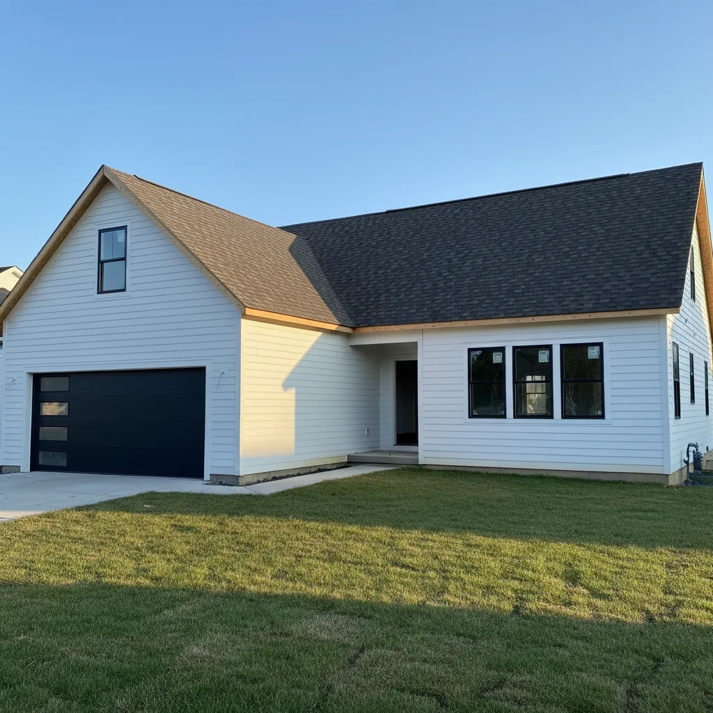 Same new construction home with architectural shingles added from reference product photo