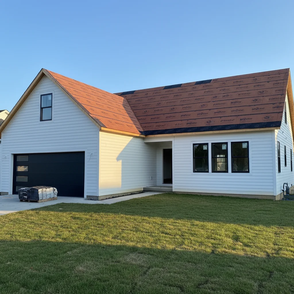 New construction home with completed siding but bare roof underlayment still exposed