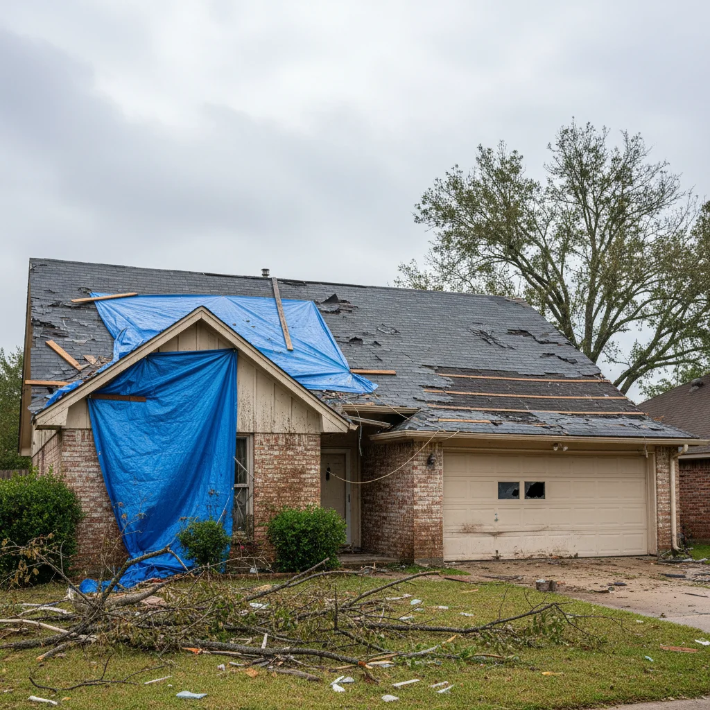 Storm-damaged house with missing shingles and blue tarp on damaged roof sections