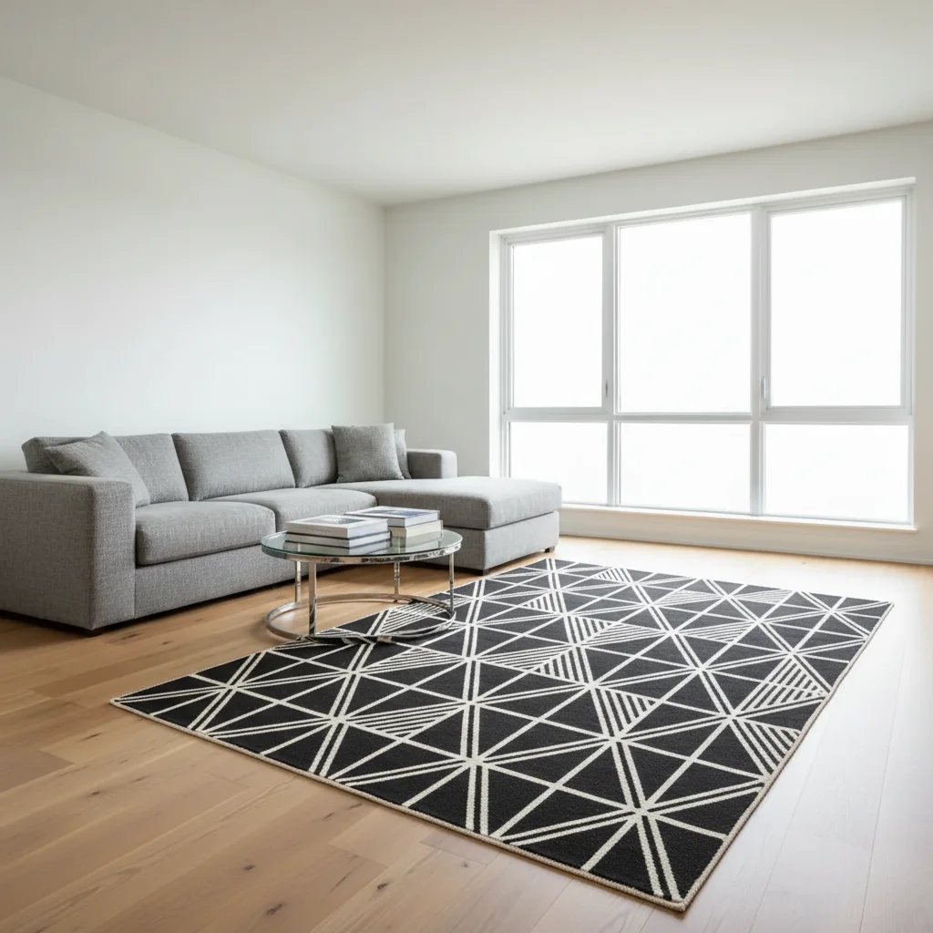 Same room with bold geometric rug anchoring the seating group
