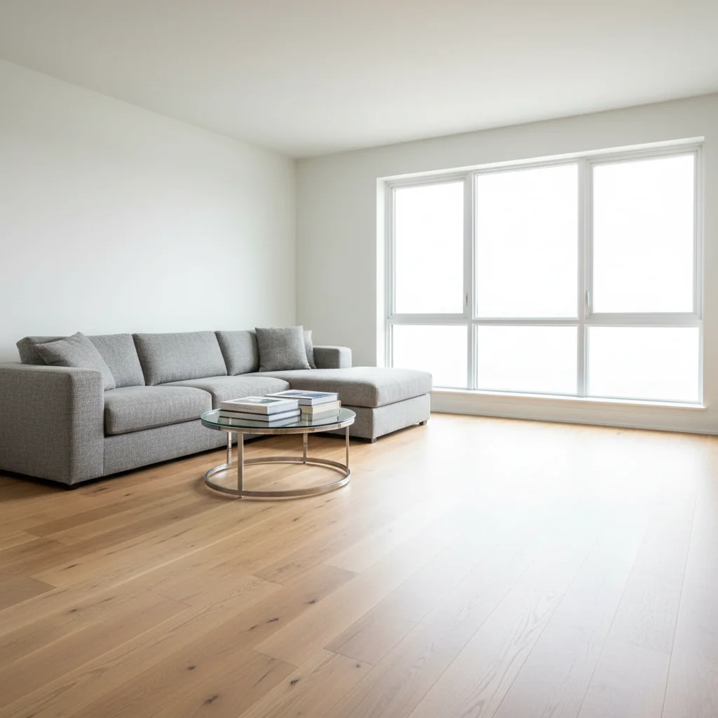 Modern living room with bare hardwood floor under sofa and coffee table