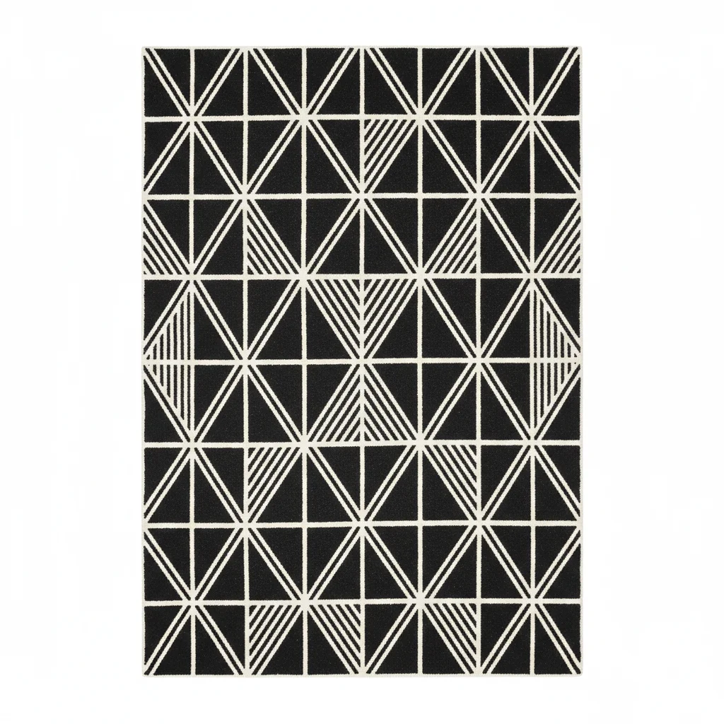 Black and white geometric area rug flat-lay from catalog