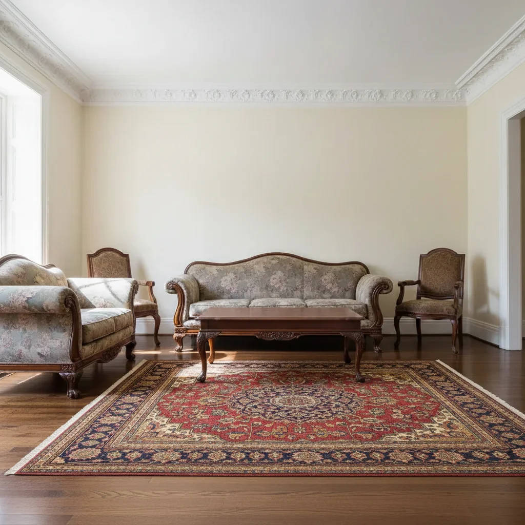Same room with Persian rug completing the traditional decor scheme