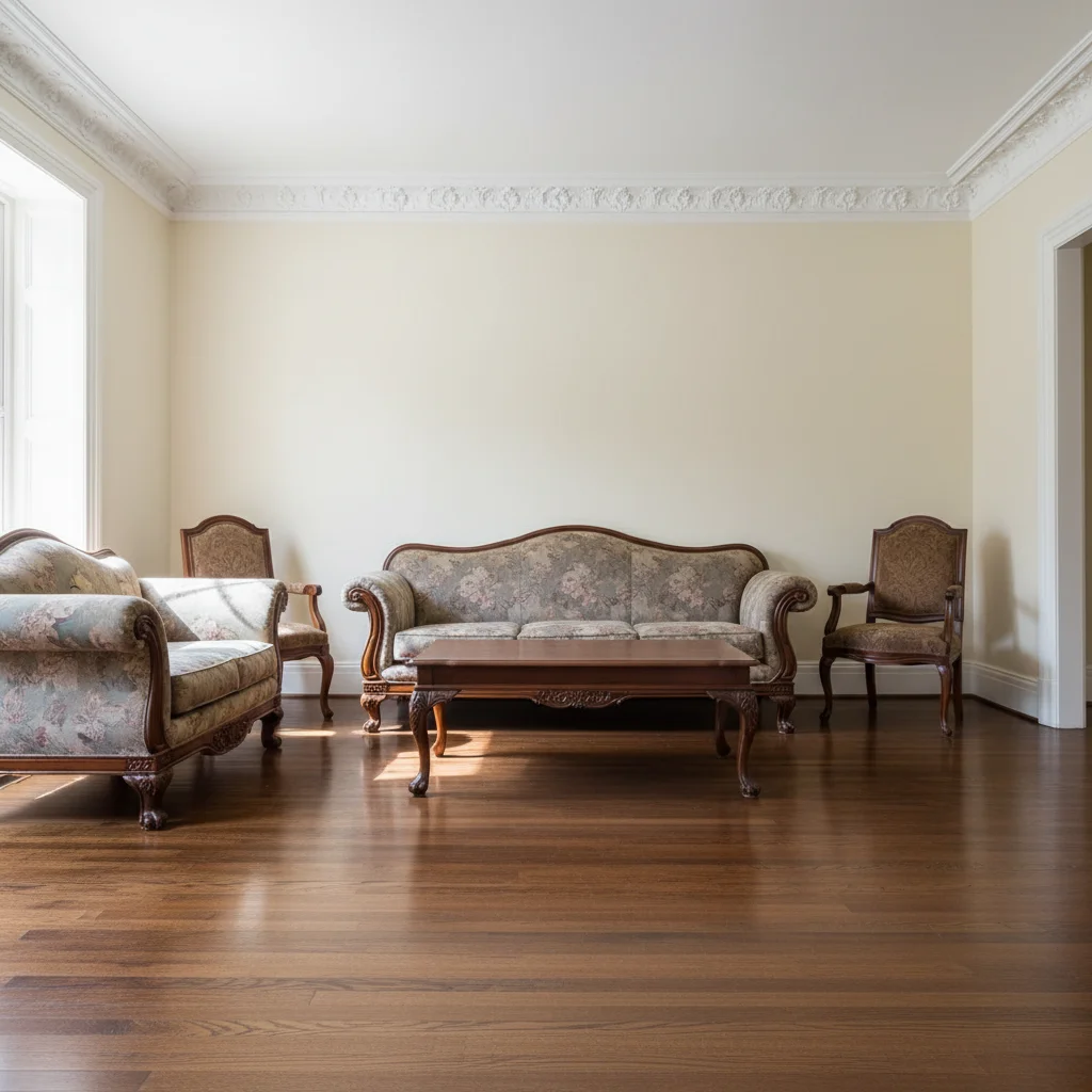 Traditional living room with dark wood furniture and bare hardwood floor