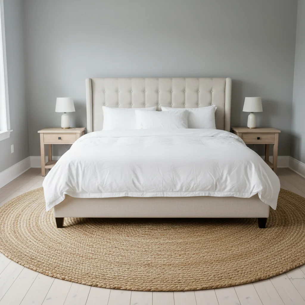 Same bedroom with jute area rug visible on both sides of and at foot of bed