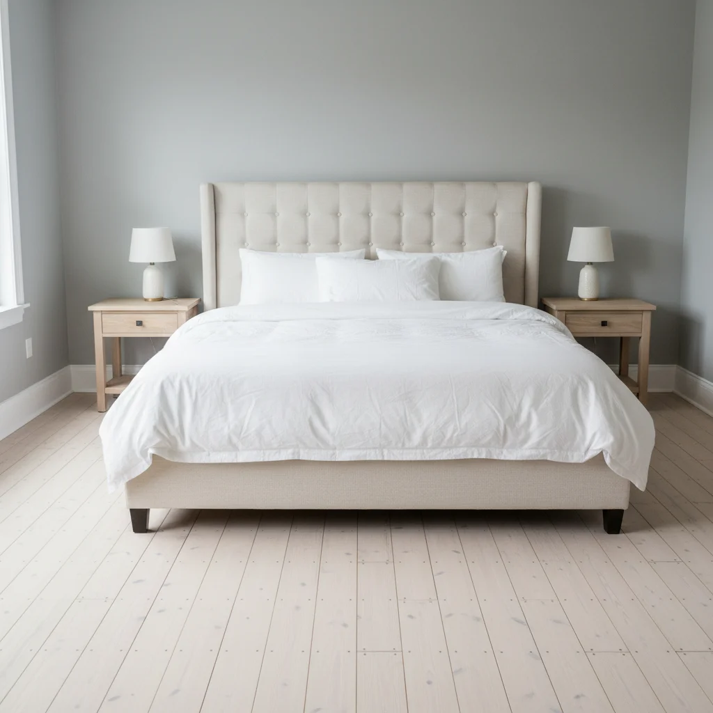 Master bedroom with bed and bare wood floor on all sides