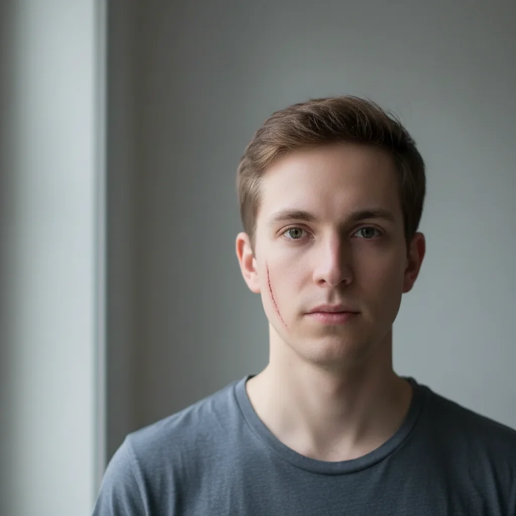 Portrait with a fresh diagonal scar added to the cheek