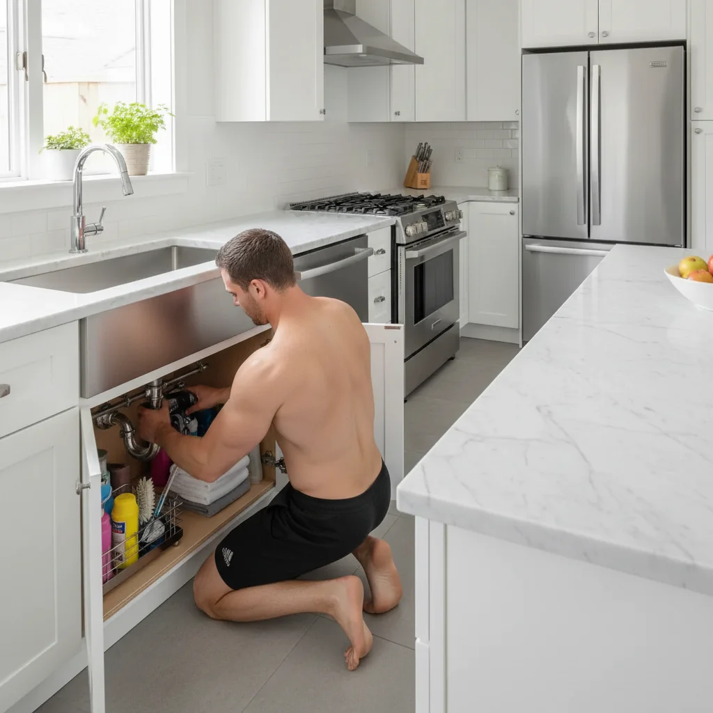 Kitchen with AI-added shirtless man as plumber