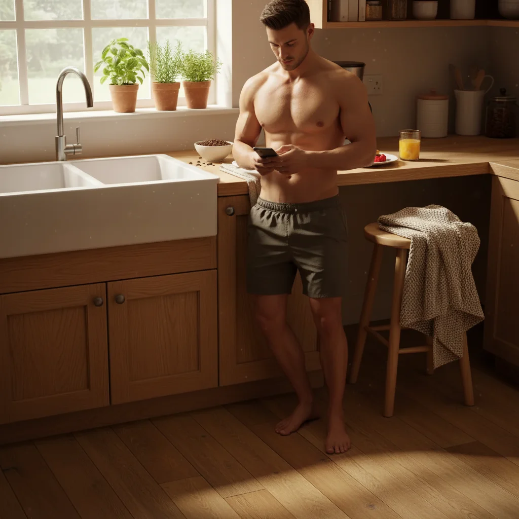 Kitchen with AI-added shirtless man at counter