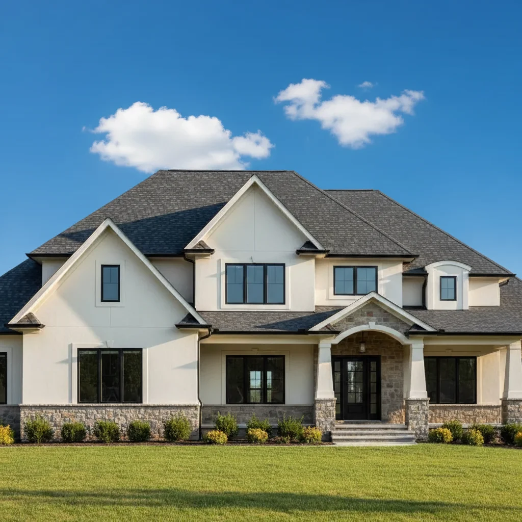 Same house exterior with generous blue sky added above the roof