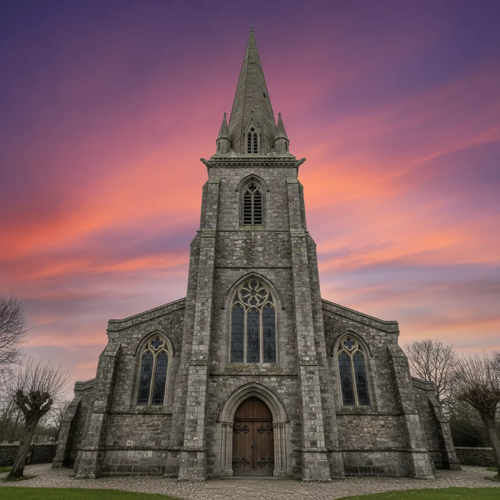 Same church with dramatic sky added above the spire