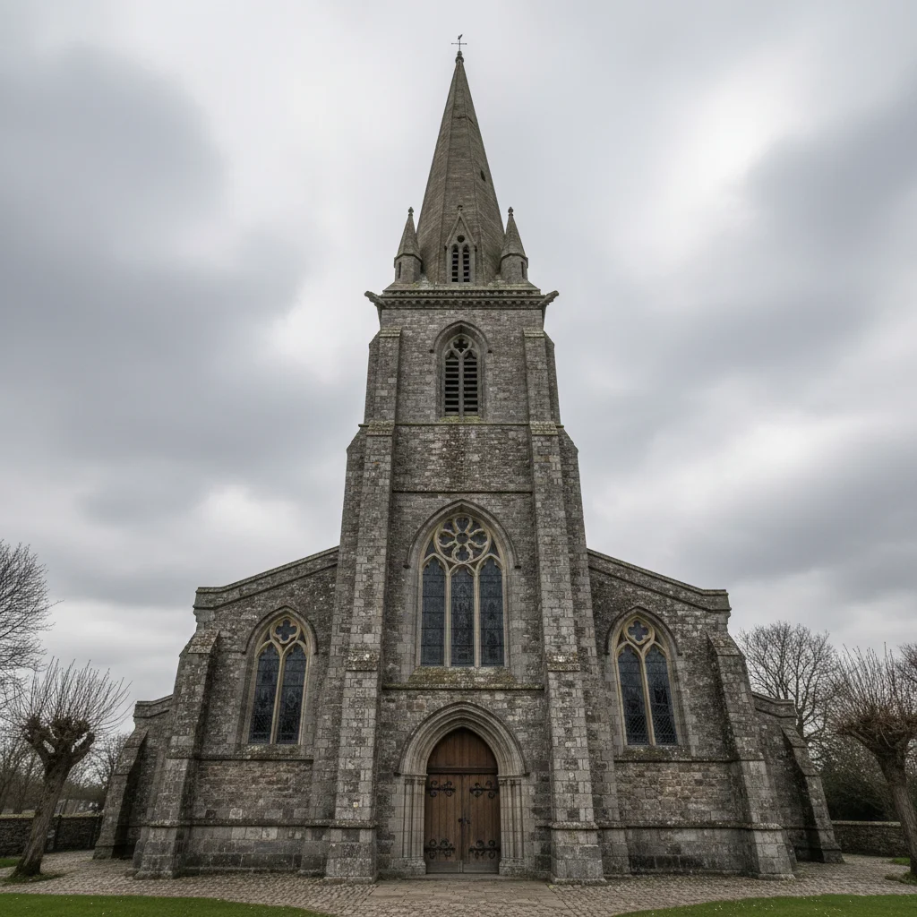 Church with spire cropped close to top of frame