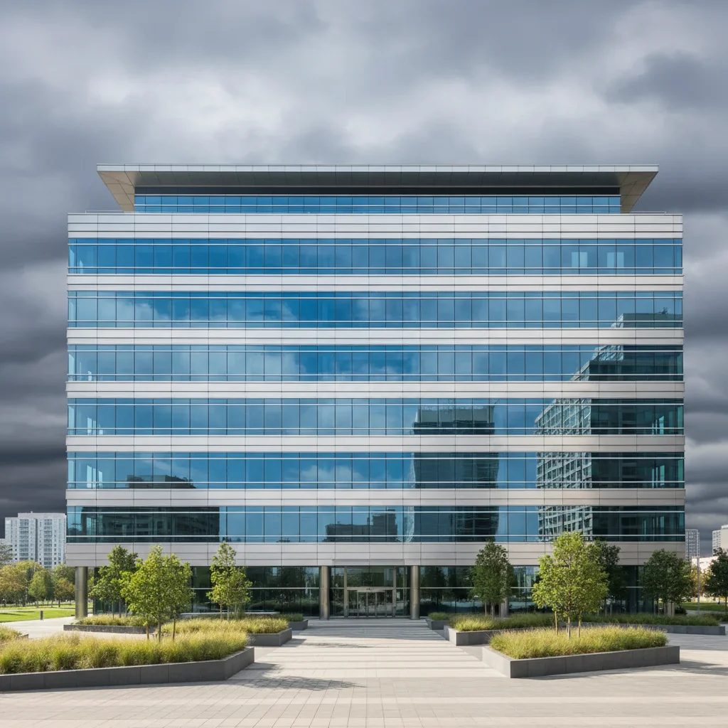 Same office building with expanded sky for widescreen 16:9 composition