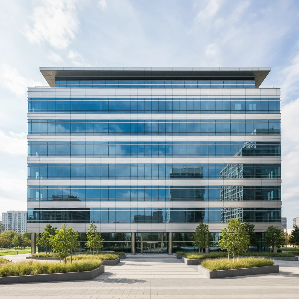 Office building with limited sky above the roofline