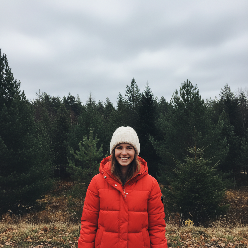 Woman in red coat standing outdoors without snow