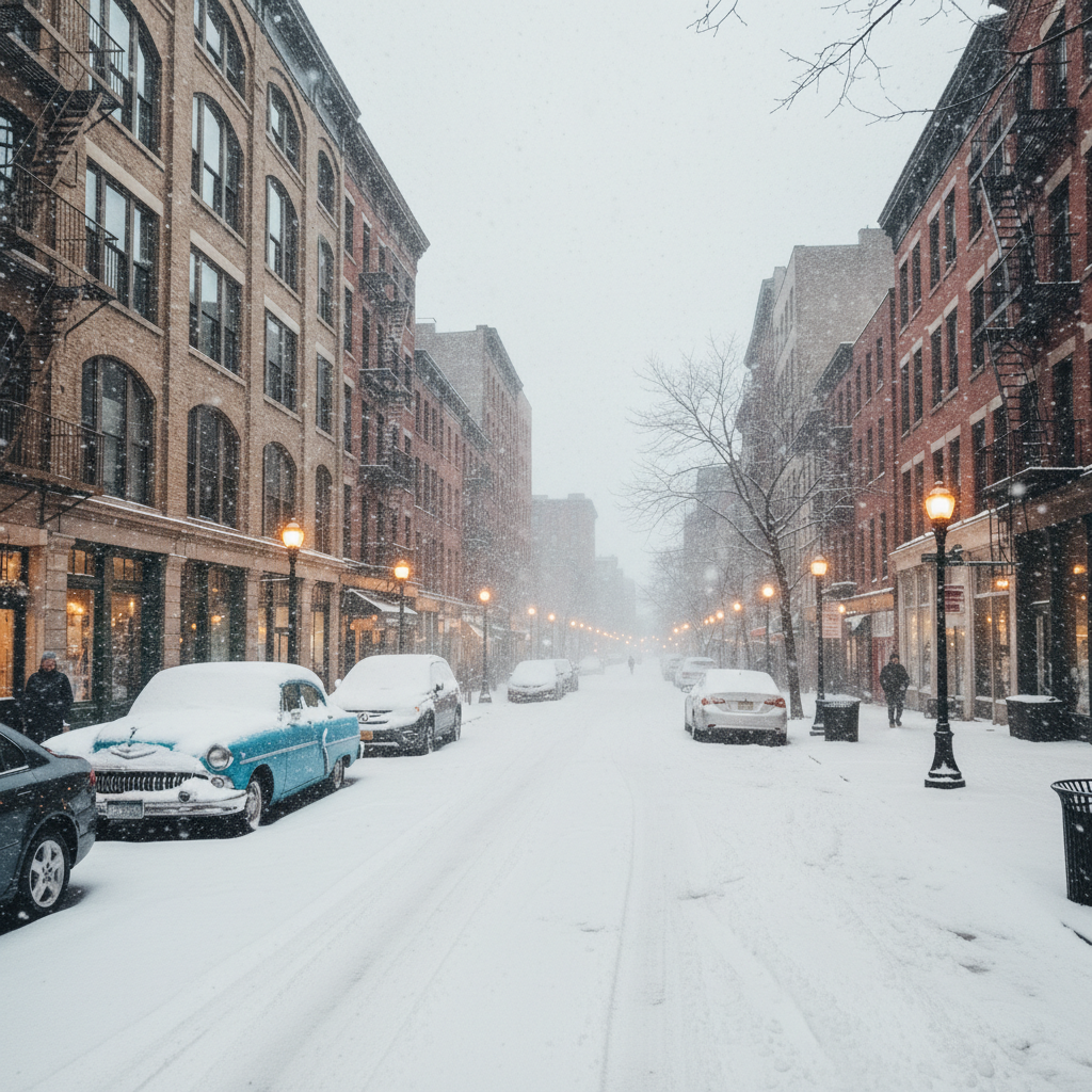 Same city street transformed with heavy snowfall and winter storm atmosphere