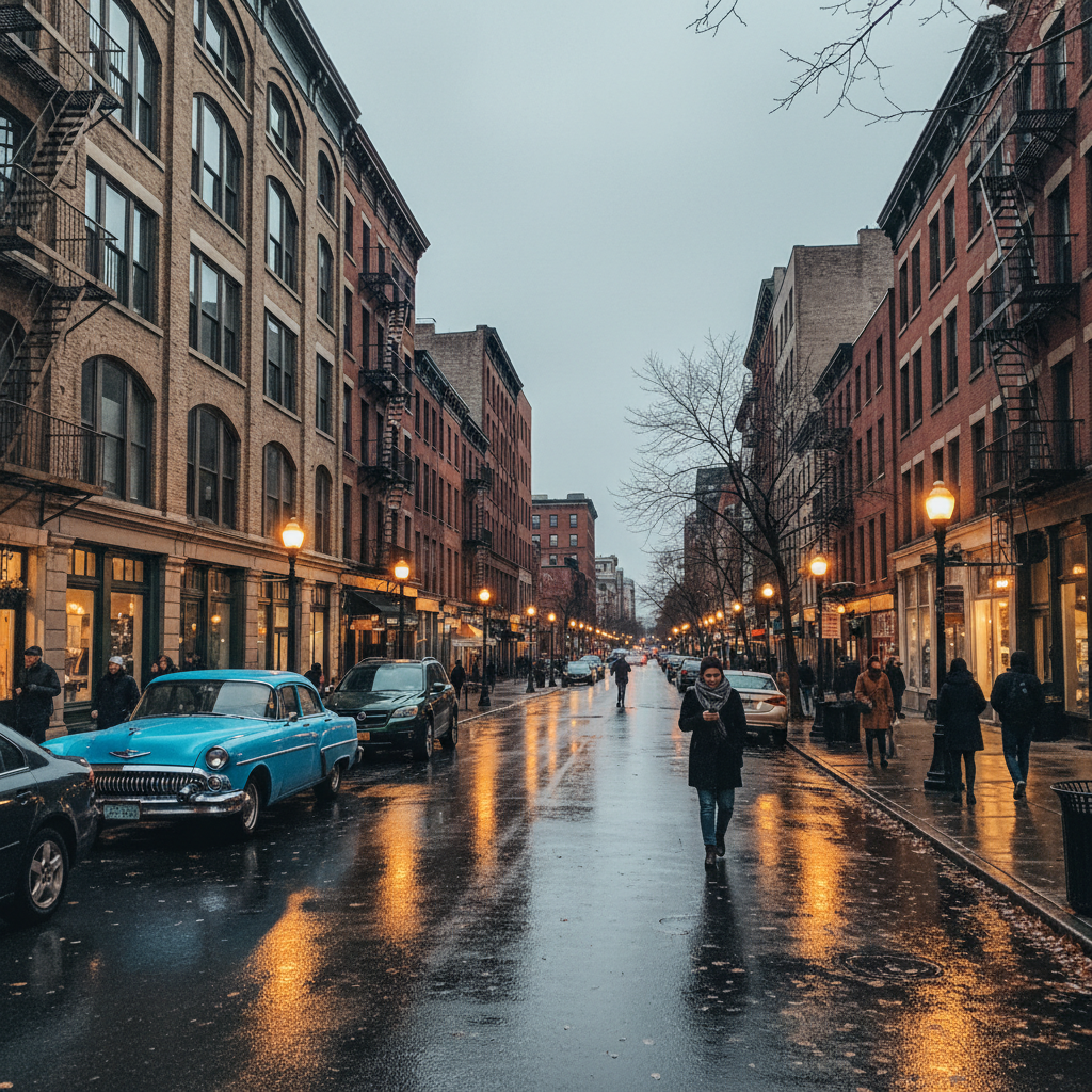City street on overcast day without snow