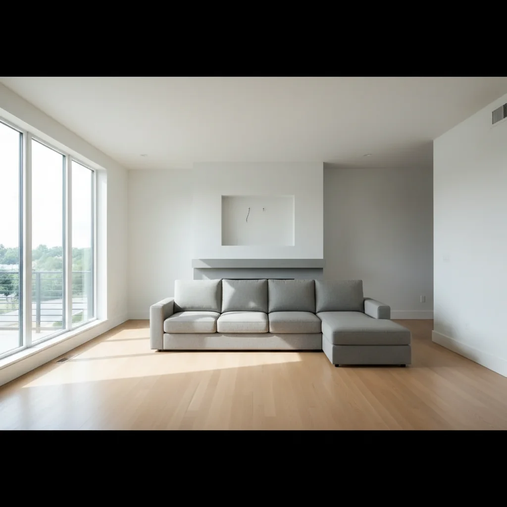 Same living room anchored by gray linen sectional facing the fireplace