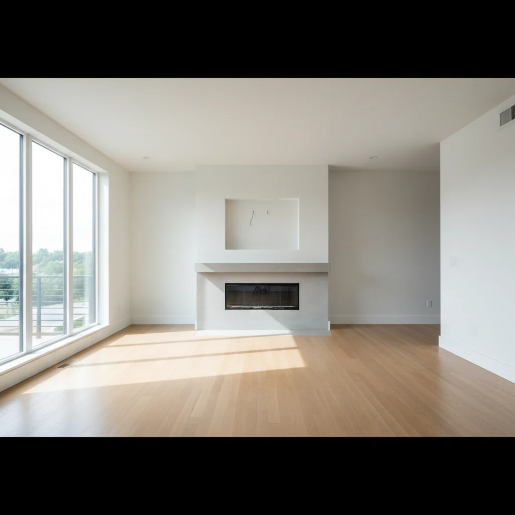 Empty living room with white walls and hardwood floors