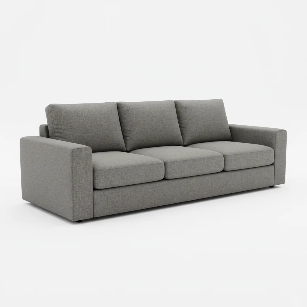Gray linen sectional sofa on white catalog background