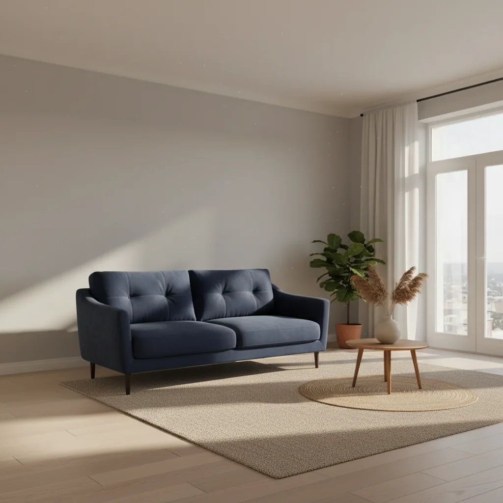 Same room with navy velvet sofa as bold color focal point
