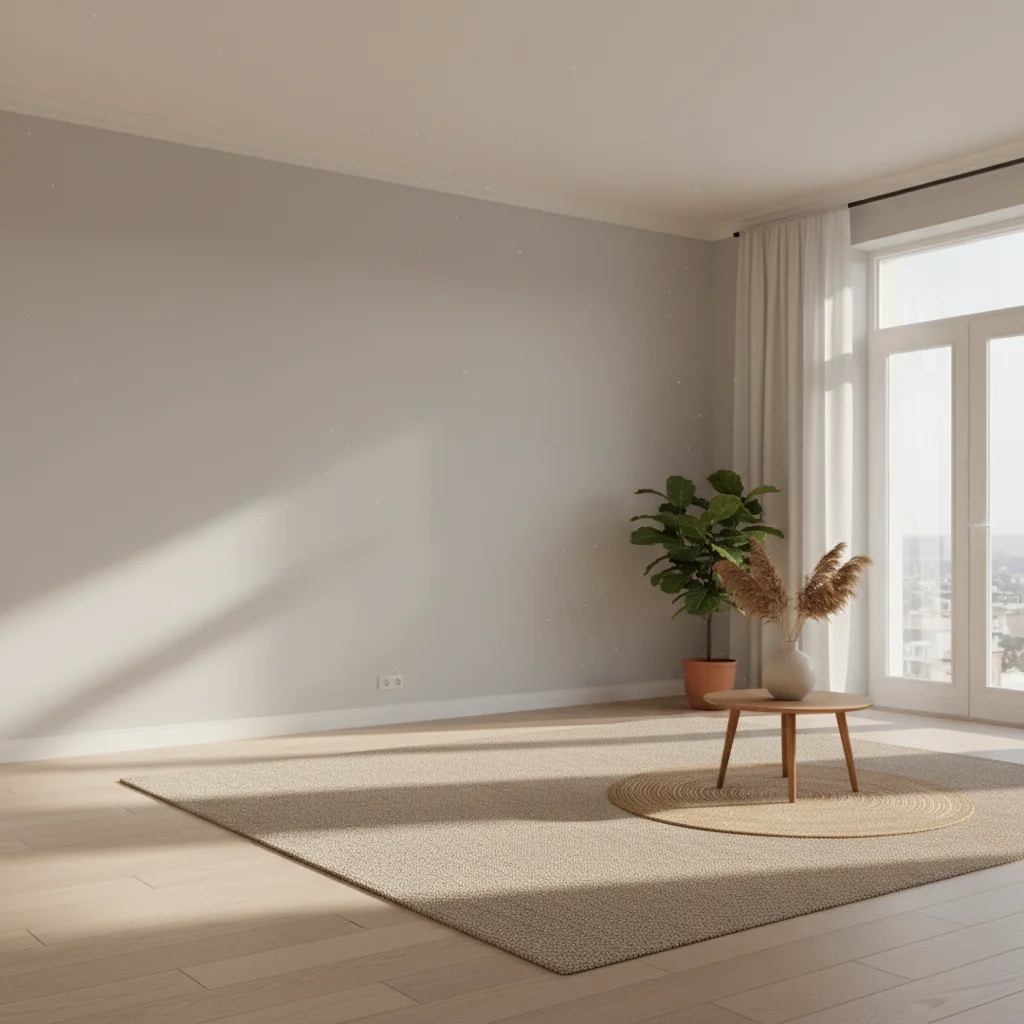 Neutral living room with gray walls and empty main wall space