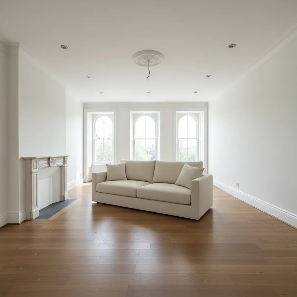 Staged living room with cream contemporary sofa as the anchor piece