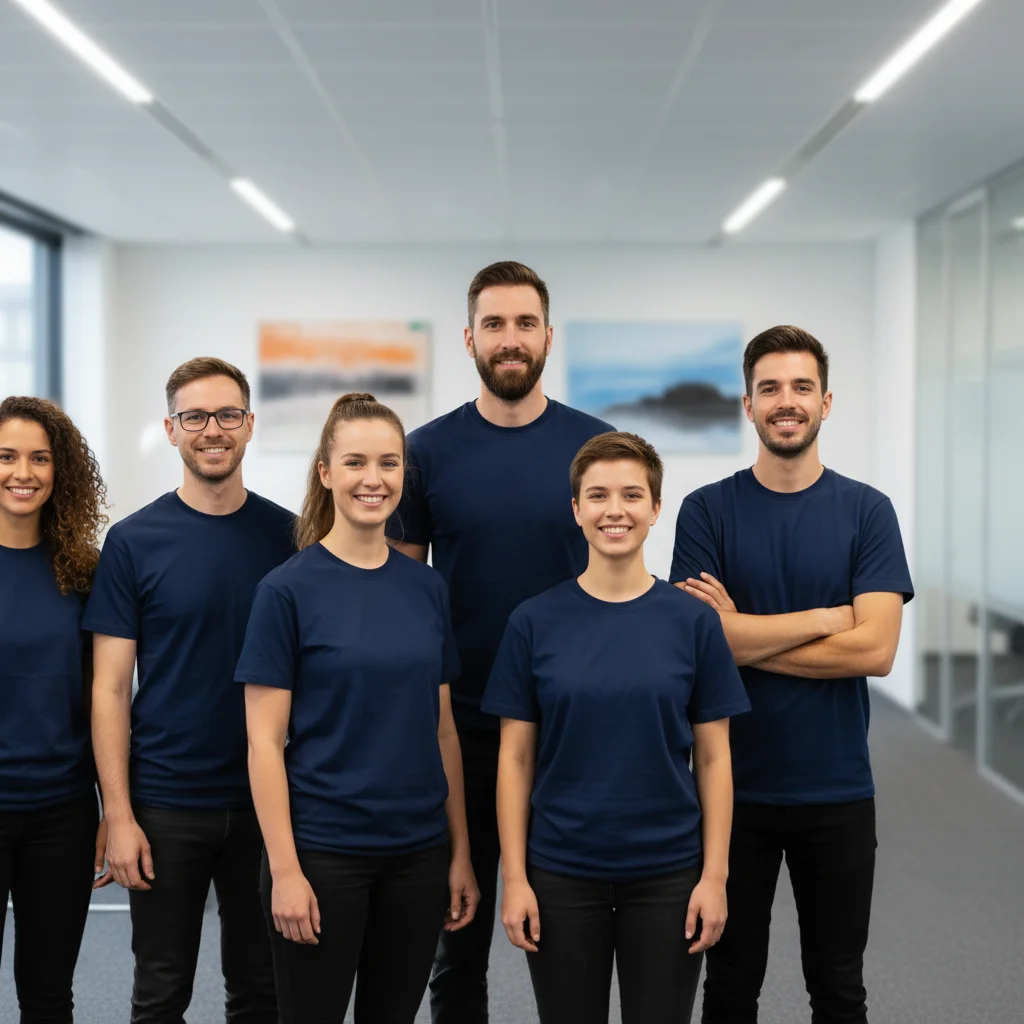 Office team photo with a visible gap at the right end of the lineup