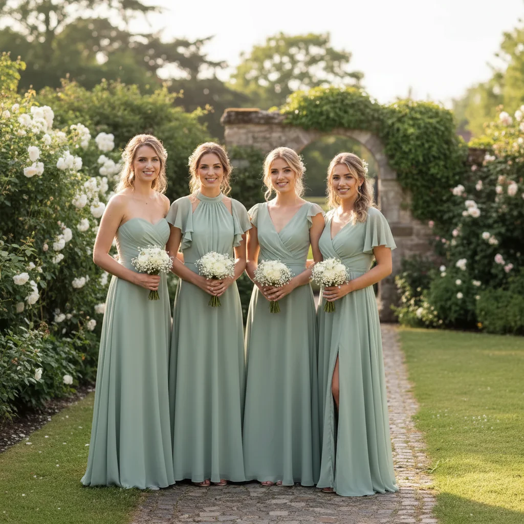 Complete wedding party with the bridesmaid added at the right end