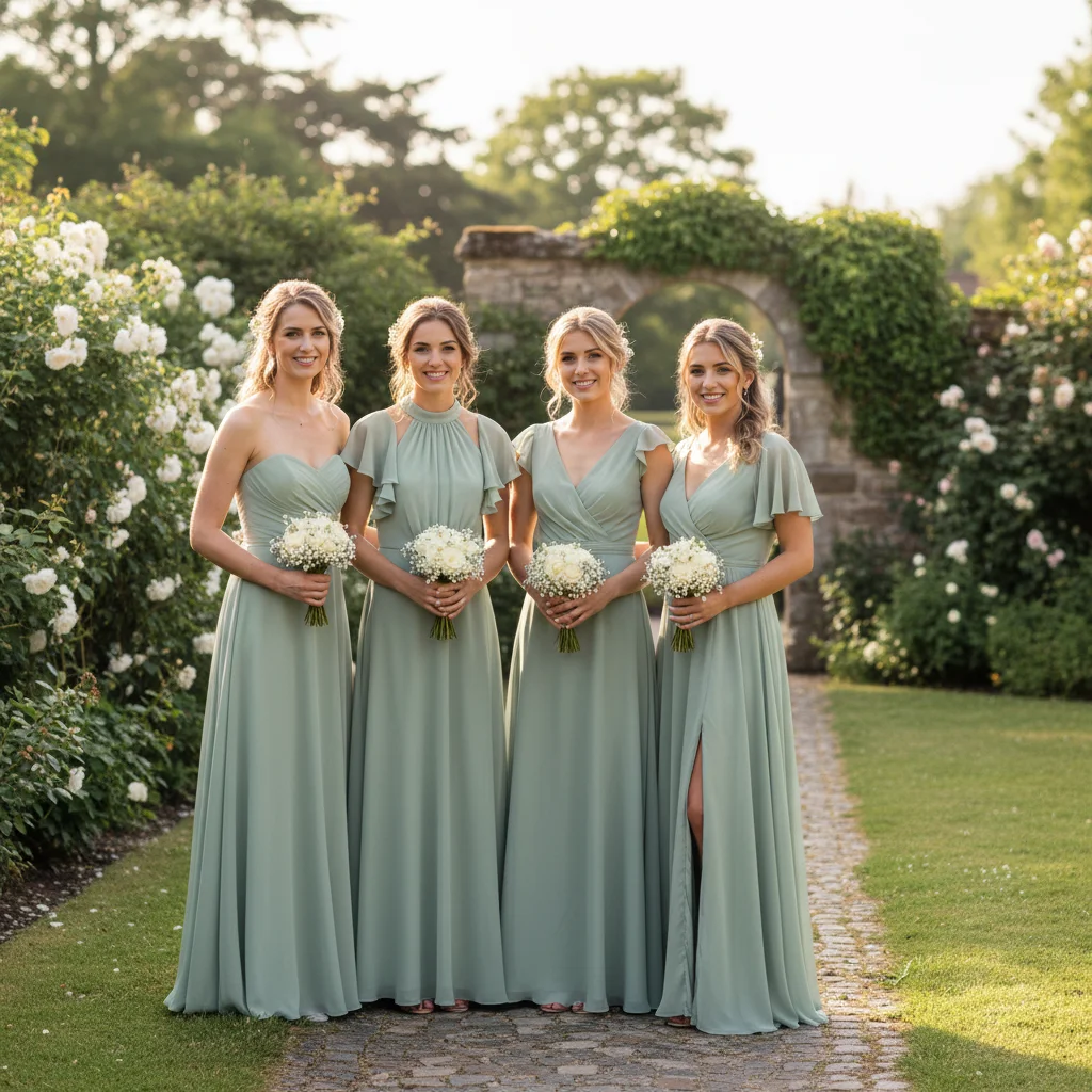 Wedding party lineup with a gap at the far right end