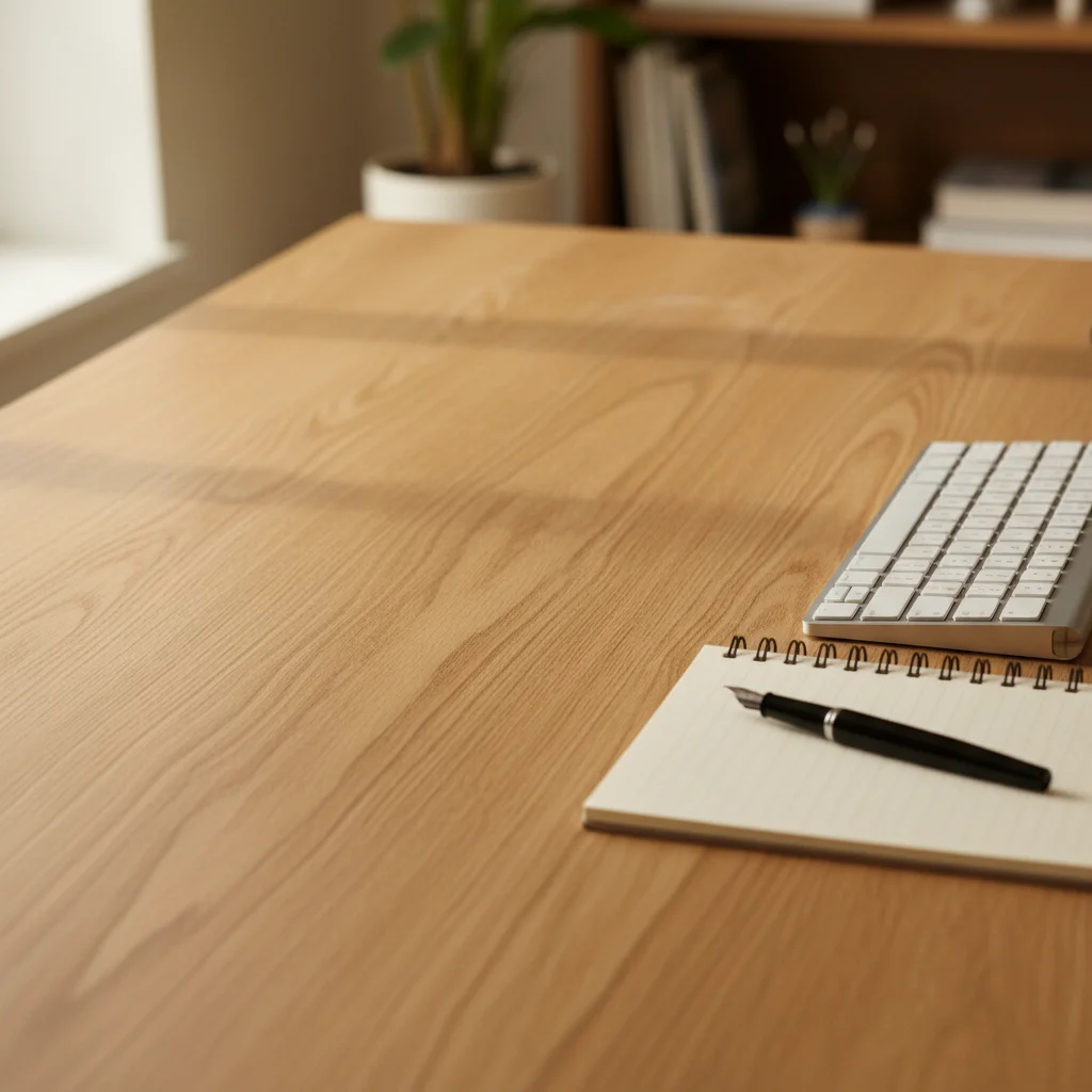 Desk with keyboard and notepad, empty space where a mug should be