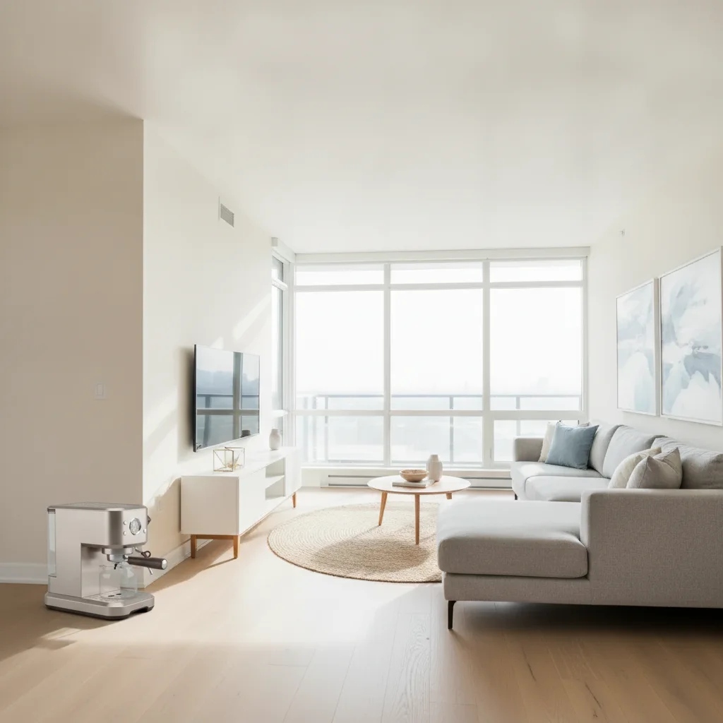 Same living room with a potted plant naturally placed in the corner