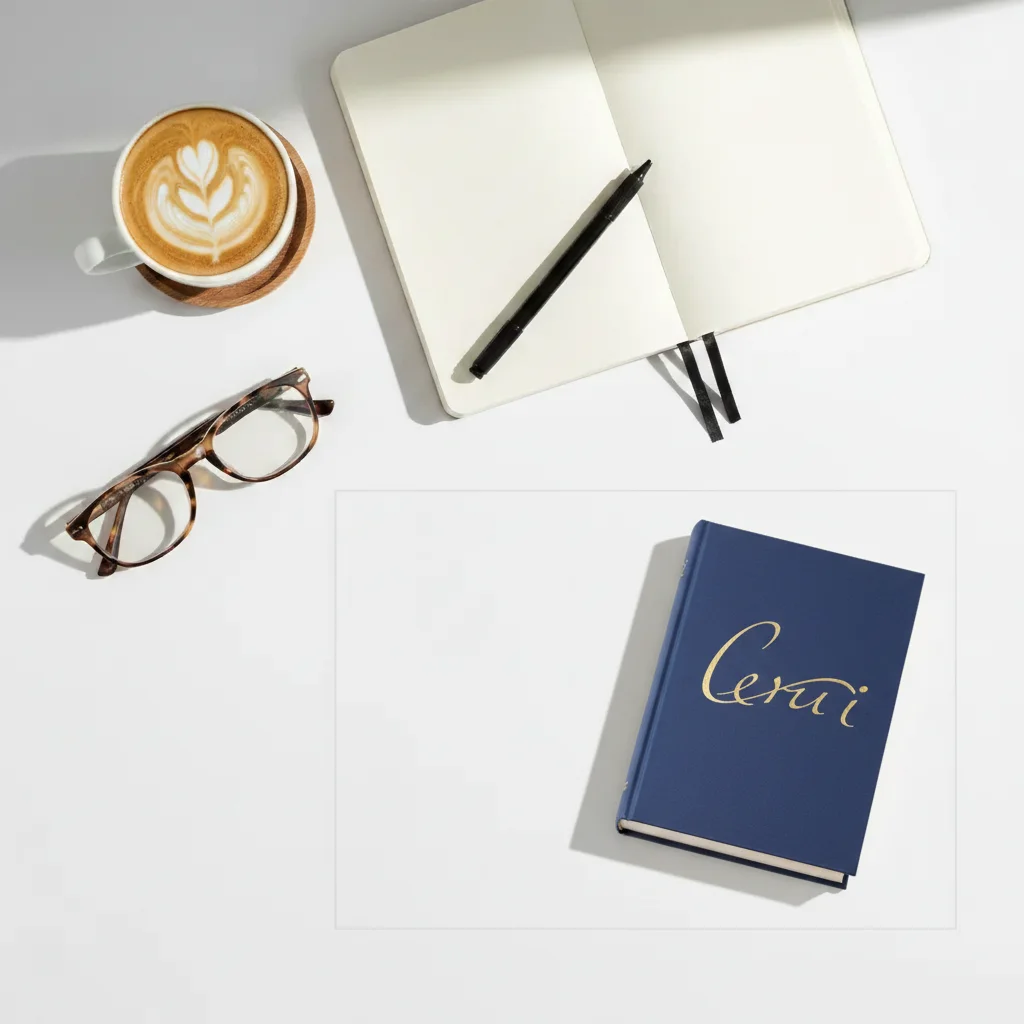 Same flat lay with a book added in the bottom right corner