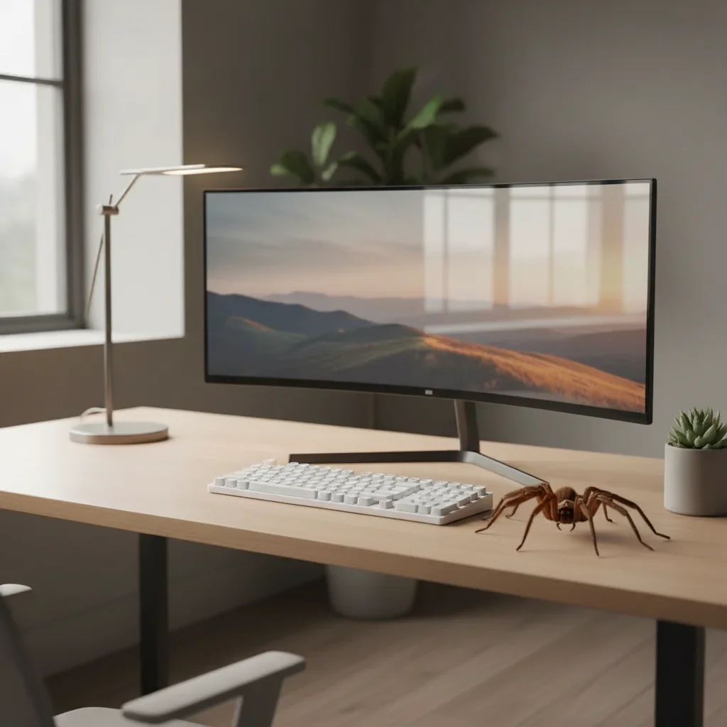 Desk with realistic AI-generated spider near keyboard