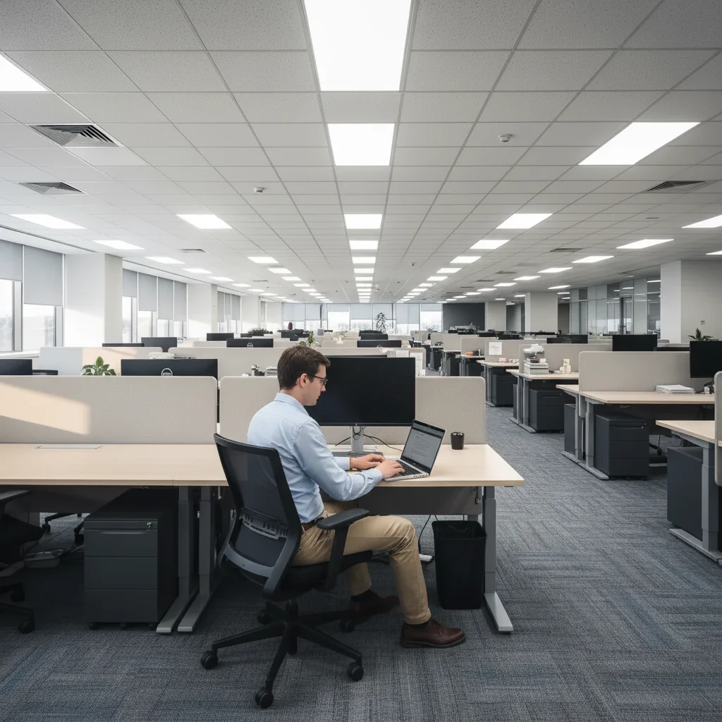 Office desk with AI-added stranger working