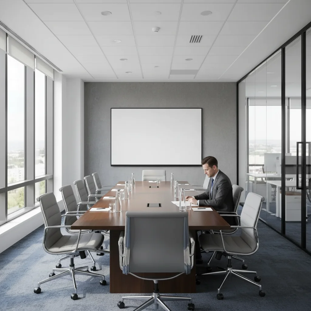 Conference room with AI-added stranger at head of table