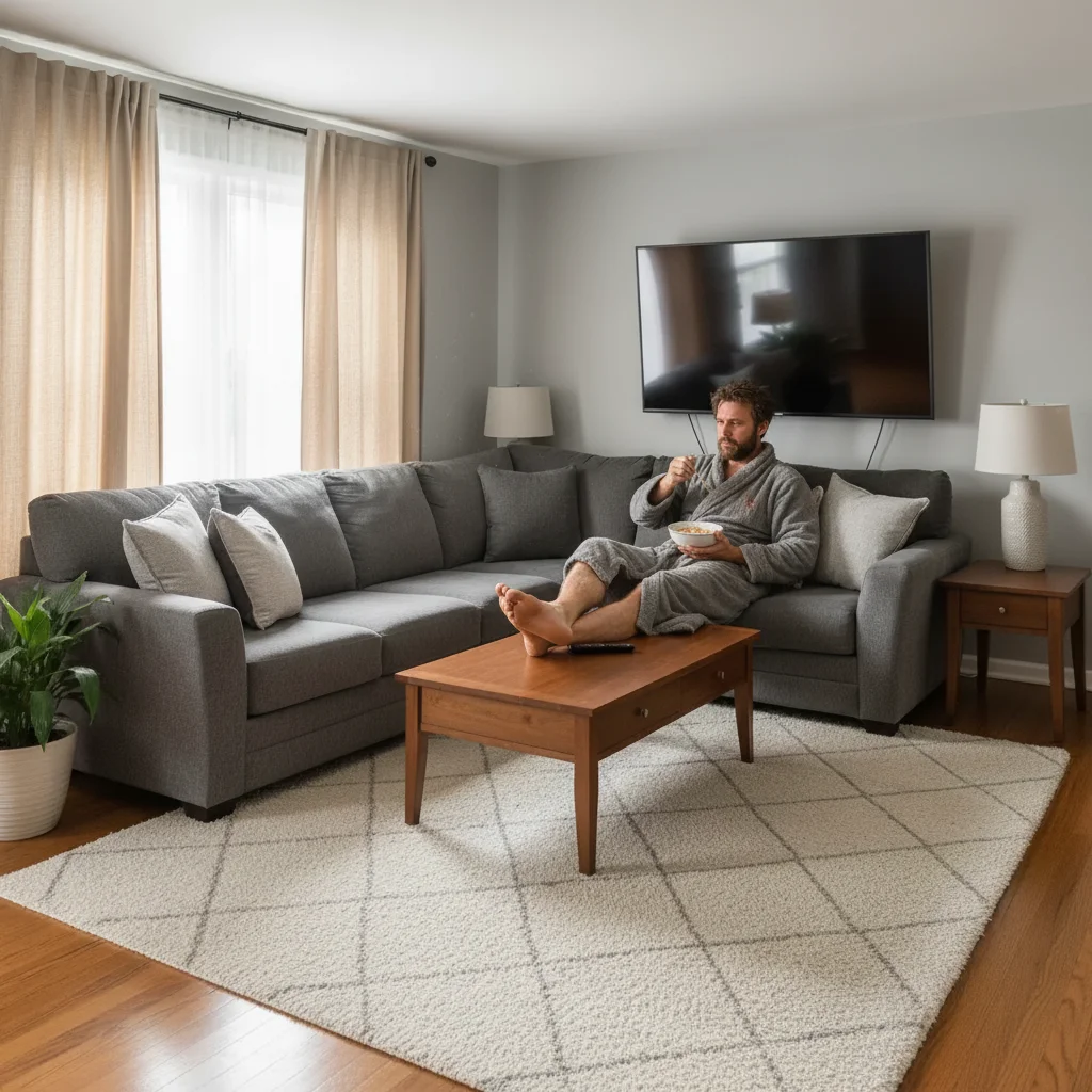 Same living room with a scruffy man in a bathrobe sitting on the couch eating cereal