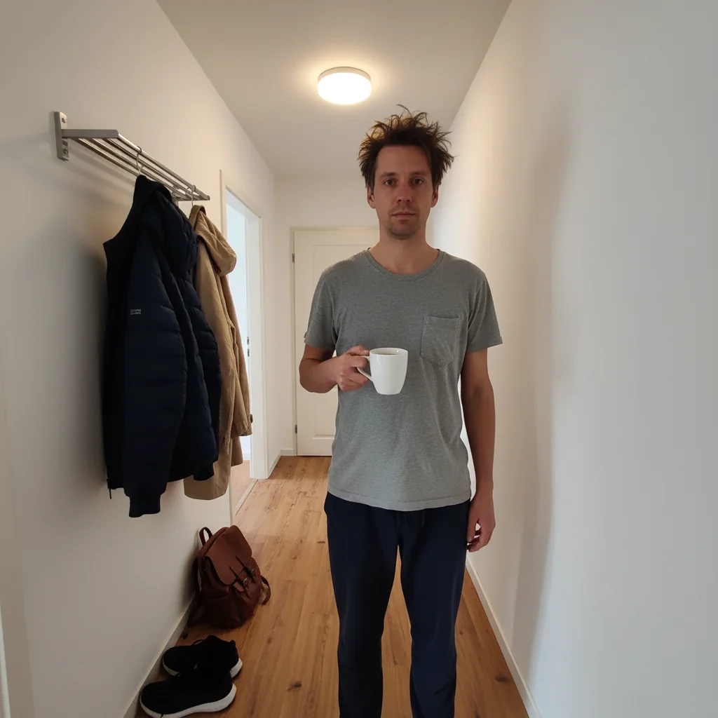 Same hallway with a disheveled man standing at the end holding a coffee mug and staring at the camera
