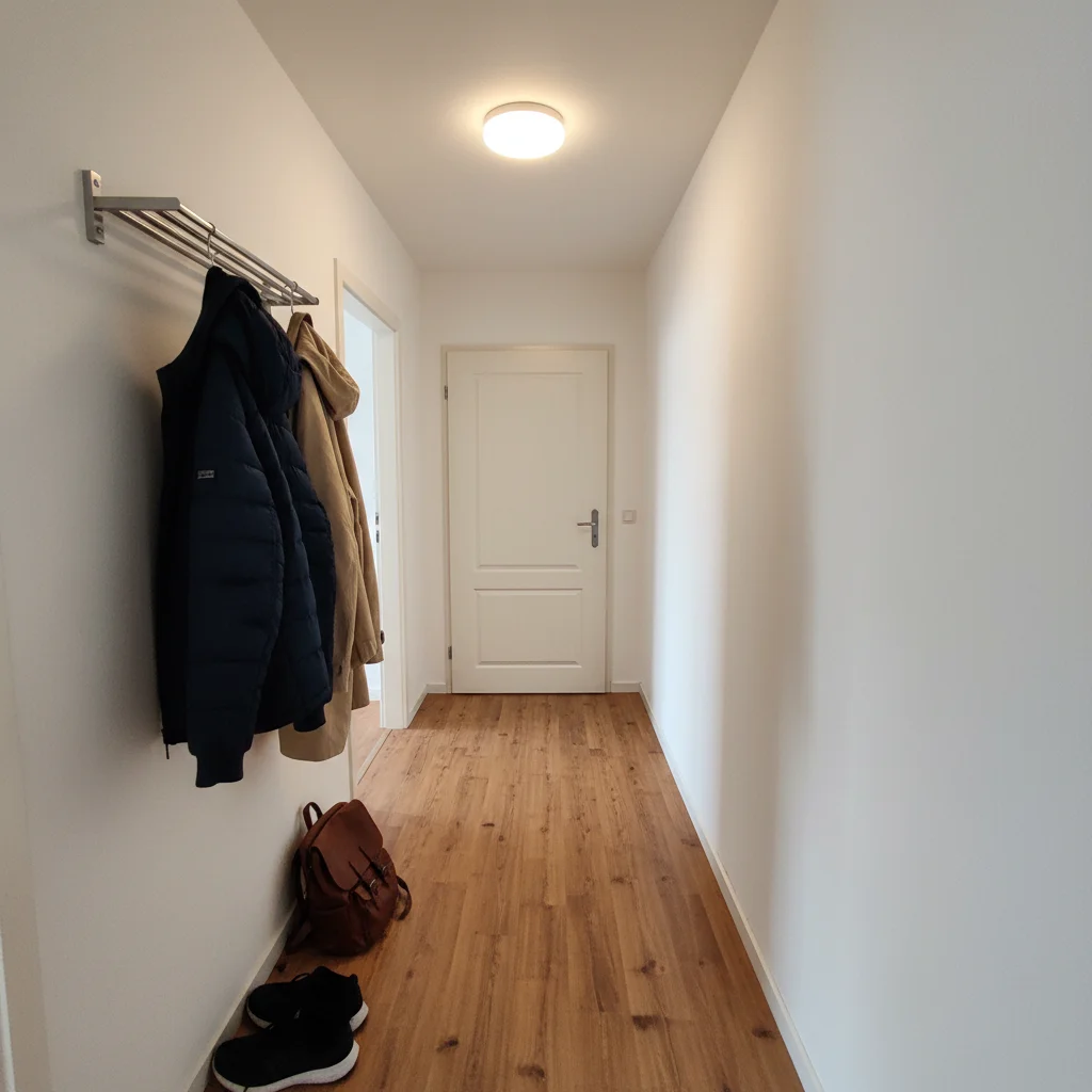 Empty apartment hallway with wood floors and a closed door at the far end