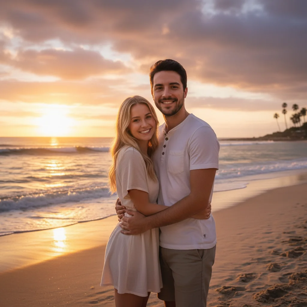 Both people combined into a romantic couple photo on a sunset beach