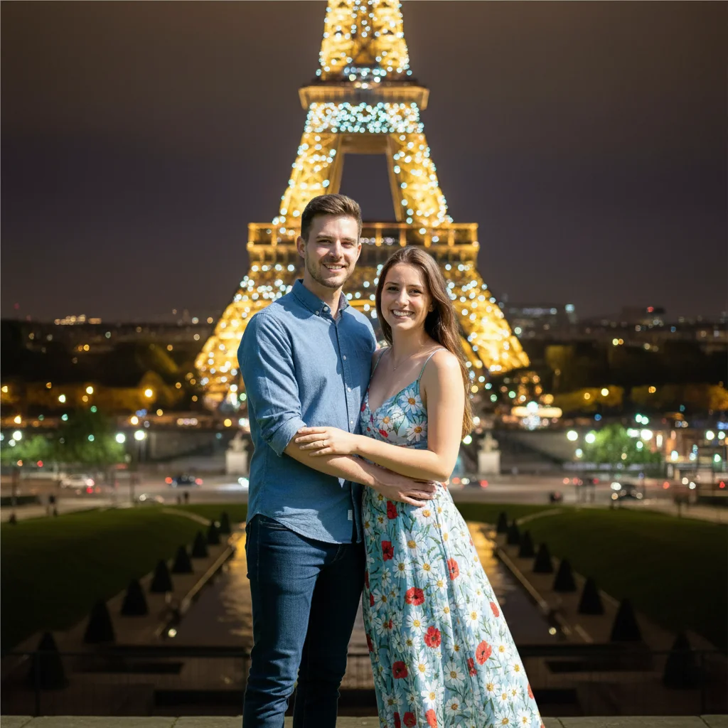 Same couple in front of Eiffel Tower at night with twinkling lights