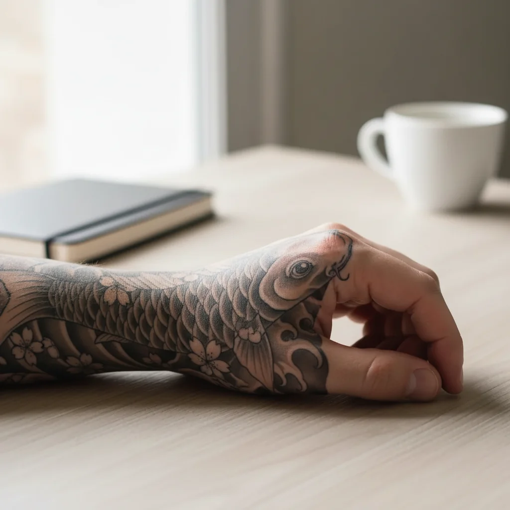 Same forearm now covered with a detailed black and grey Japanese sleeve tattoo featuring koi fish and waves