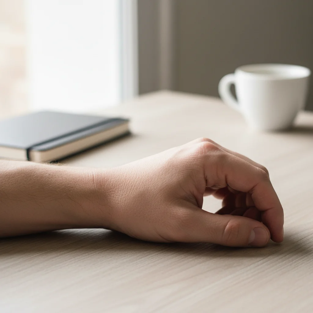 Bare male forearm with no tattoos, resting on a table in natural light