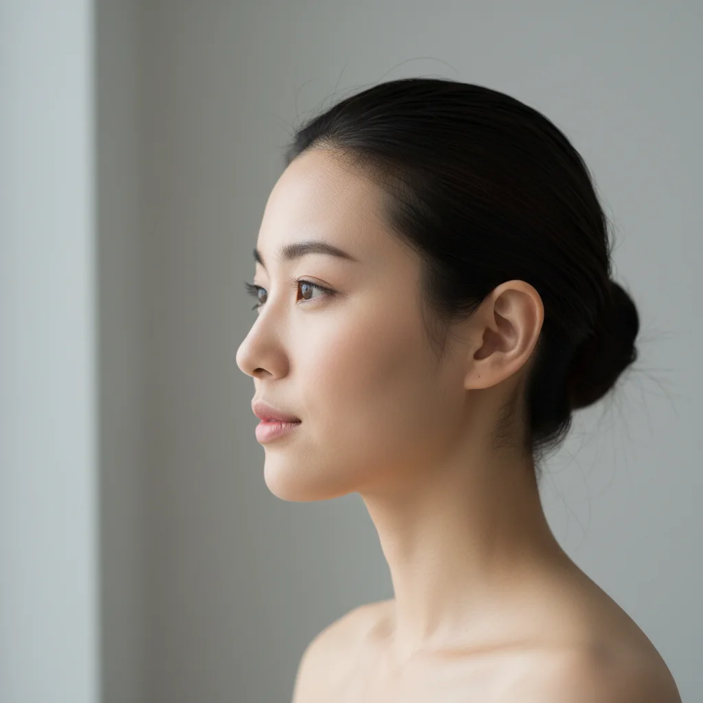 Side portrait of a young woman with clear neck skin and no tattoos