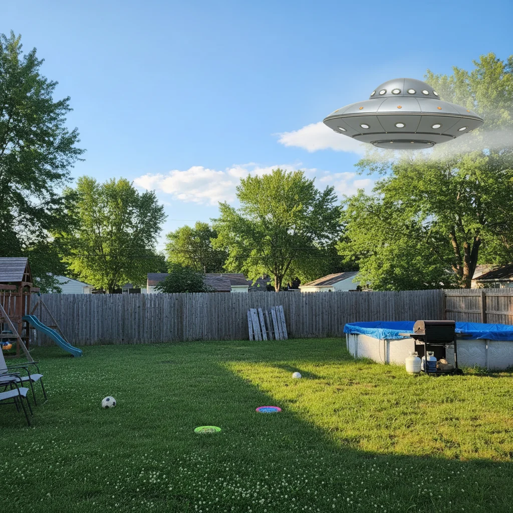 Backyard photo with AI-added silver UFO hovering in the sky