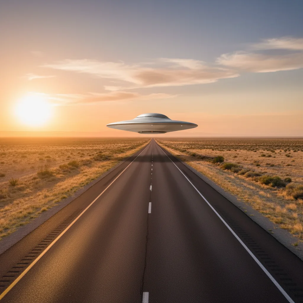 Highway photo with AI-added UFO hovering on the horizon