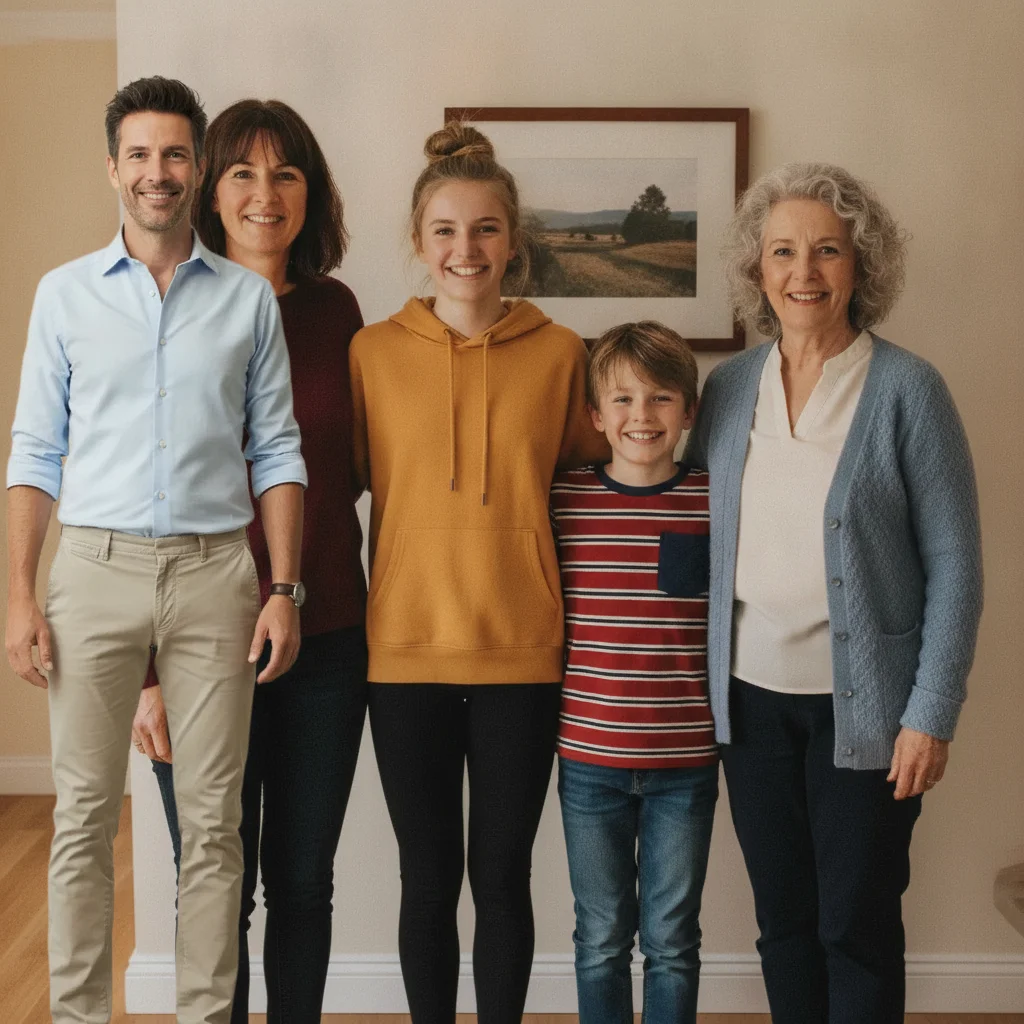 Same family group photo with an additional adult added on the far left side