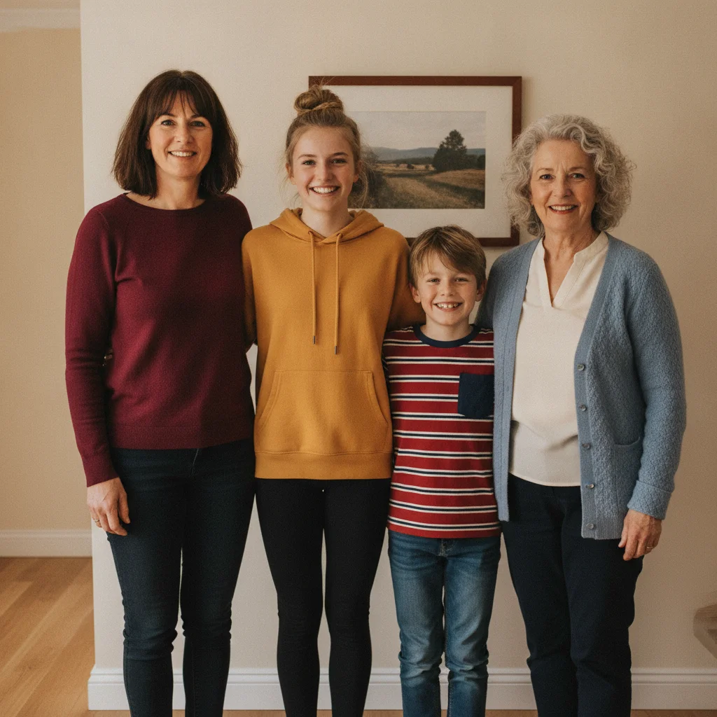 Family of five posed indoors with adults and children, wood-paneled wall background