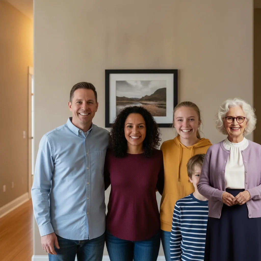 Same family portrait with an additional person added on the right end of the group